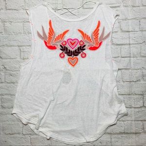 Free People White Tank Top with Colorful Bird Design